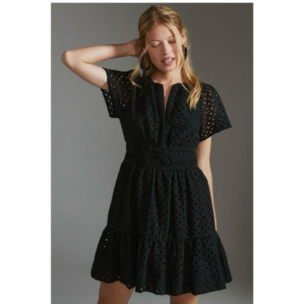 Anthropologie Black Eyelet Mini Dress